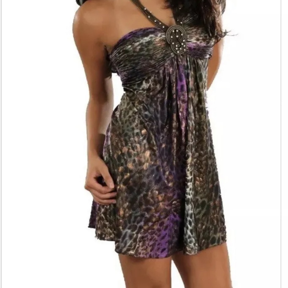 NWT New Kimikal Purple Leopard Halter Dress with Necklace Women’s Size Small